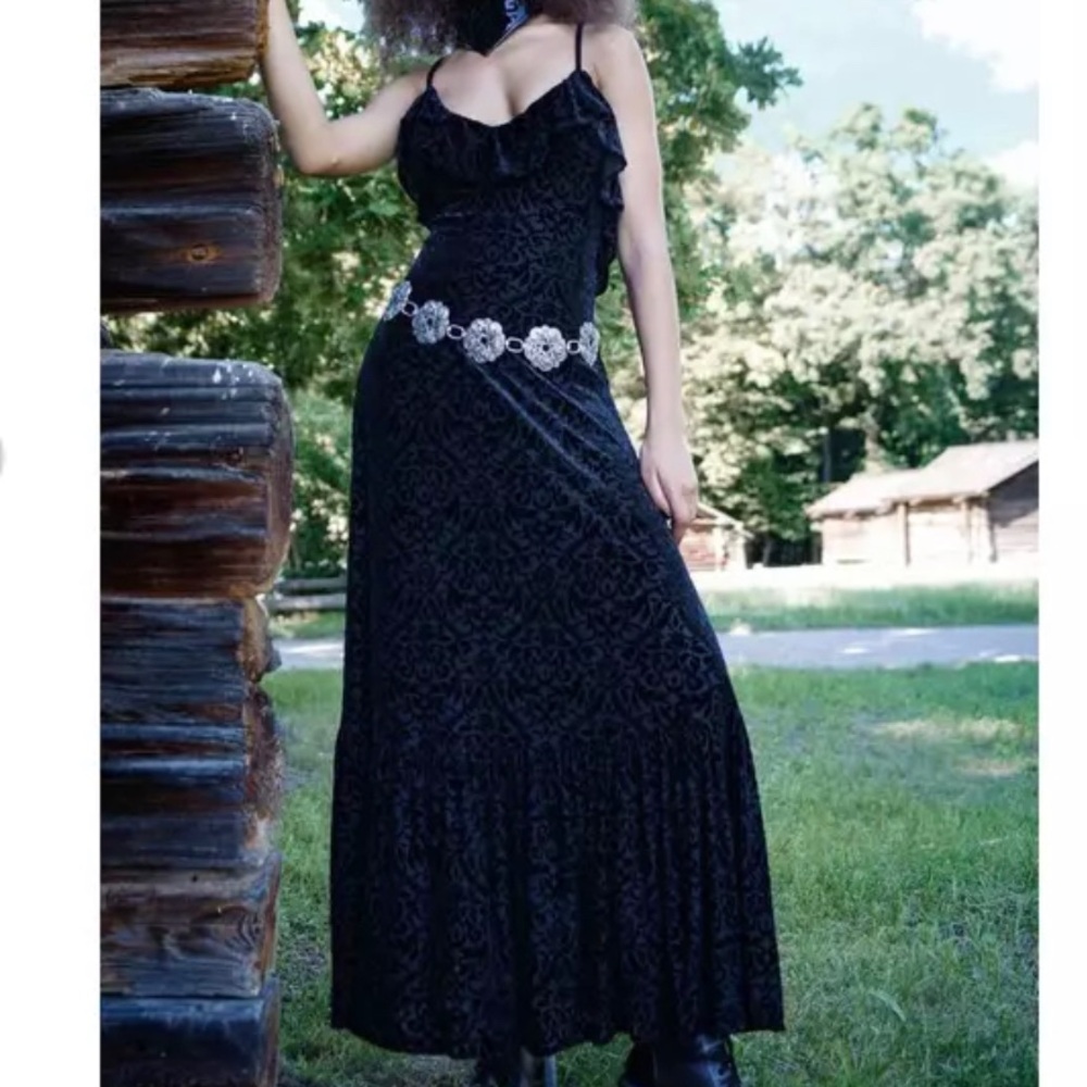 Killstar Maxi Black Velvet Goth Dress Open Back Spaghetti Strap